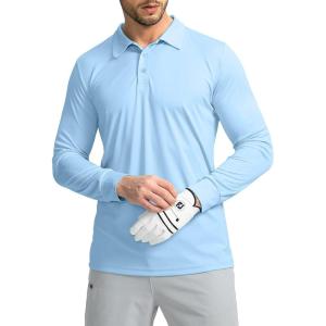 imageMens Polo Shirt Long Sleeve Golf Shirts Lightweight UPF 50 Sun Protection Cool Shirts for Men Work Fishing OutdoorLight Blue