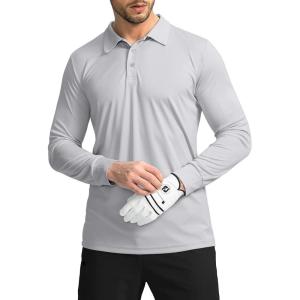 imageMens Polo Shirt Long Sleeve Golf Shirts Lightweight UPF 50 Sun Protection Cool Shirts for Men Work Fishing OutdoorLight Grey