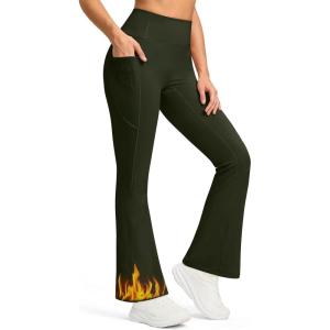 imageG Gradual Fleece Lined Leggings for Women No Front Seam High Waist Thermal Flare Pants with Pockets for Winter Hiking YogaDark Green