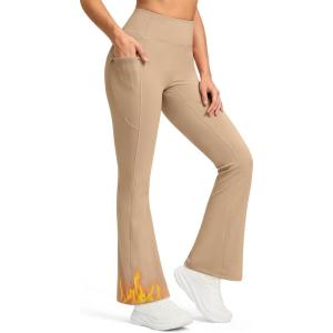 imageG Gradual Fleece Lined Leggings for Women No Front Seam High Waist Thermal Flare Pants with Pockets for Winter Hiking YogaKhaki