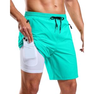 imageG Gradual Mens Swim Trunks with Compression Liner 7quot Quick Dry Board Shorts Swimsuit Bathing Suit for Men with Zipper PocketsCyan