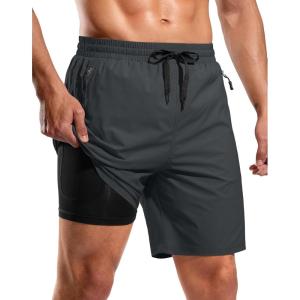 imageG Gradual Mens Swim Trunks with Compression Liner 7quot Quick Dry Board Shorts Swimsuit Bathing Suit for Men with Zipper PocketsDark Grey