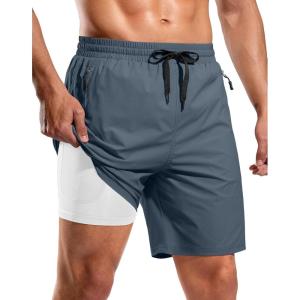 imageG Gradual Mens Swim Trunks with Compression Liner 7quot Quick Dry Board Shorts Swimsuit Bathing Suit for Men with Zipper PocketsDusty Blue