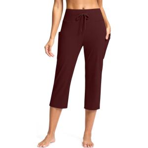 imageG Gradual Yoga Capri Pants for Women with Pockets High Waist Capris Leggings Tummy Control Straight Workout Summer Crop PantsWine