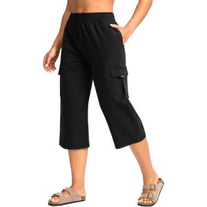 imageWomens Capri Pants with 4 Pockets Soft Cotton Stretch Cropped Pants Loose Cargo Capris for Women Yoga CasualBlack