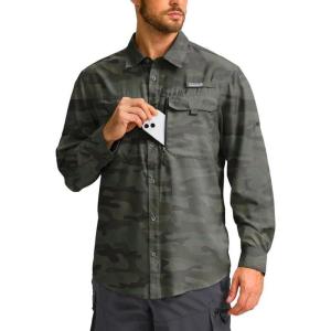 imageMens Sun Protection Fishing Shirt with Zipper Pockets Long Sleeve UPF 50 UV Cooling Shirts for Men Hiking TravelGreen Camo