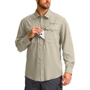 imageMens Sun Protection Fishing Shirt with Zipper Pockets Long Sleeve UPF 50 UV Cooling Shirts for Men Hiking TravelKhaki