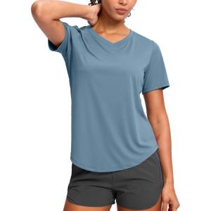 imageWomens Workout Tops VNeck Short Sleeve UPF 50 Sun Shirt Moisture Wicking Quick Dry Top for Gym Running AthleticDusty Blue