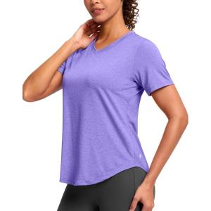 imageWomens Workout Tops VNeck Short Sleeve UPF 50 Sun Shirt Moisture Wicking Quick Dry Top for Gym Running AthleticHeather Dark Purple