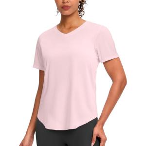 imageWomens Workout Tops VNeck Short Sleeve UPF 50 Sun Shirt Moisture Wicking Quick Dry Top for Gym Running AthleticPeach