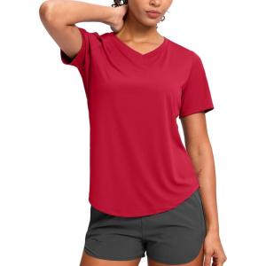 imageWomens Workout Tops VNeck Short Sleeve UPF 50 Sun Shirt Moisture Wicking Quick Dry Top for Gym Running AthleticRed