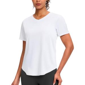 imageWomens Workout Tops VNeck Short Sleeve UPF 50 Sun Shirt Moisture Wicking Quick Dry Top for Gym Running AthleticWhite