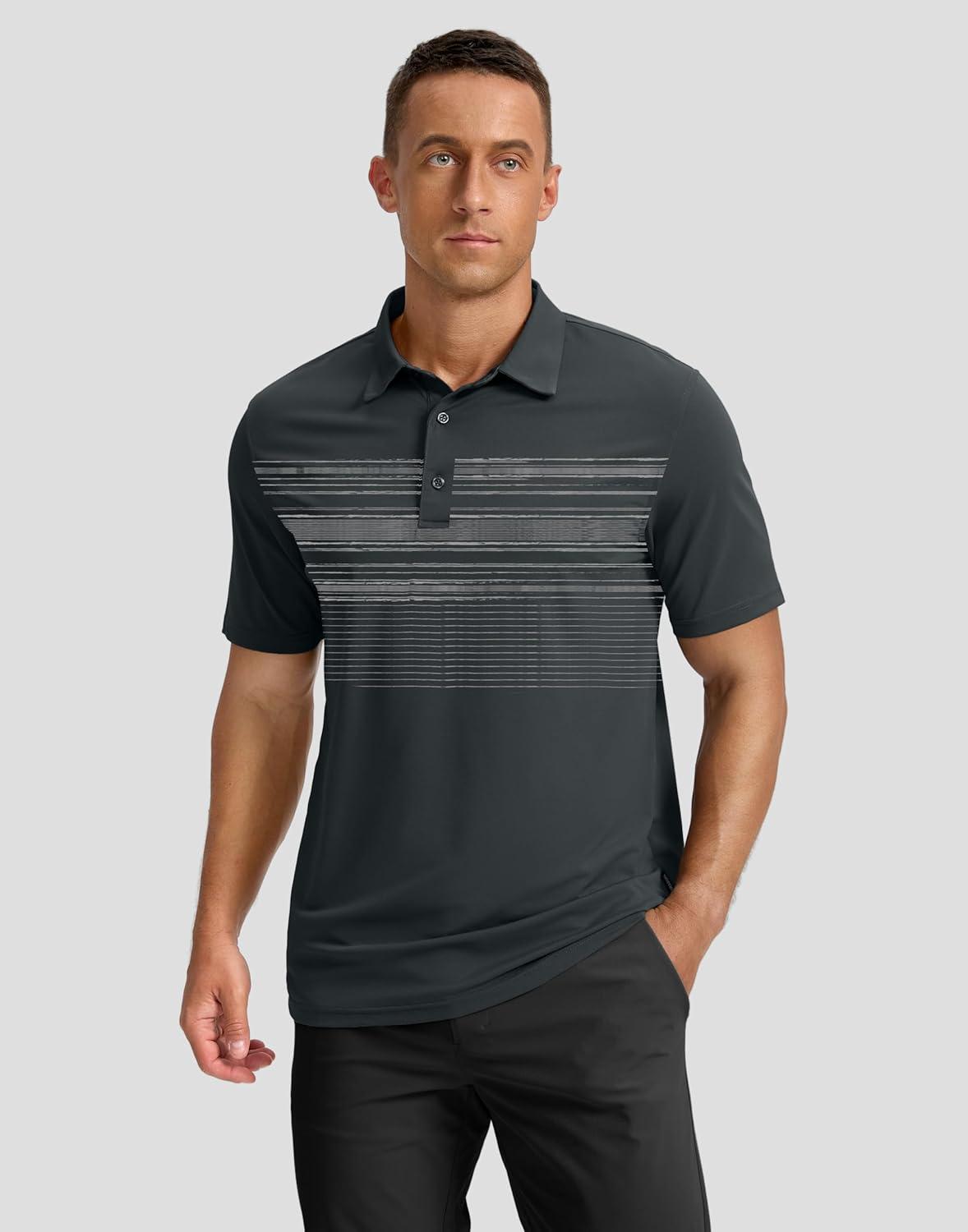 imageG Gradual Golf Shirts Short Sleeve Quick Dry Performance Moisture Wicking Collared Heather Polo Casual Athletic BusinessDeep Grey Stripes