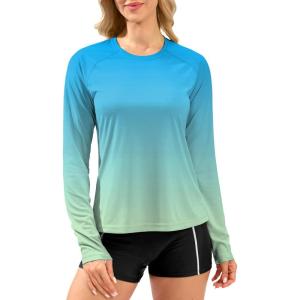 imageWomens UPF 50 Sun Shirts Long Sleeve UV Protection Rash Guard Lightweight Quick Dry Workout Hiking Tops for WomenGradient Green Yellow