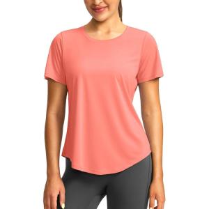 imageWomens Short Sleeve Workout Shirts Breathable UPF 50 Sun Protection TShirts Quick Dry Gym Running Hiking TopsCoral Pink