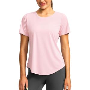 imageWomens Short Sleeve Workout Shirts Breathable UPF 50 Sun Protection TShirts Quick Dry Gym Running Hiking TopsCornus Pink