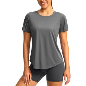 imageWomens Short Sleeve Workout Shirts Breathable UPF 50 Sun Protection TShirts Quick Dry Gym Running Hiking TopsHeather Dark Grey