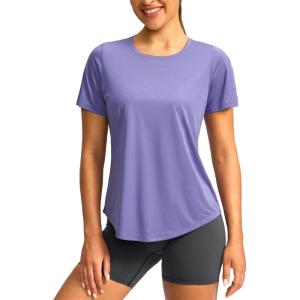 imageWomens Short Sleeve Workout Shirts Breathable UPF 50 Sun Protection TShirts Quick Dry Gym Running Hiking TopsHeather Purple