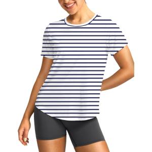 imageWomens Short Sleeve Workout Shirts Breathable UPF 50 Sun Protection TShirts Quick Dry Gym Running Hiking TopsNavy Stripe