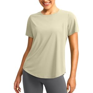 imageWomens Short Sleeve Workout Shirts Breathable UPF 50 Sun Protection TShirts Quick Dry Gym Running Hiking TopsOat Milk