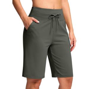 imageG GRADUAL Bermuda Shorts for Women with Pockets 10 Knee Length Womens High Waisted Long Shorts for Walking Athletic WorkoutSage Green