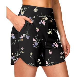 imageG GRADUAL Womens 5 Swim Board Shorts High Waisted Quick Dry Swimming Bathing Suit Bottoms for Women with Liner PocketsBlack Floral