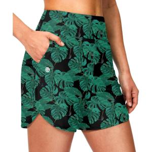 imageG GRADUAL Womens 5 Swim Board Shorts High Waisted Quick Dry Swimming Bathing Suit Bottoms for Women with Liner PocketsLeaf