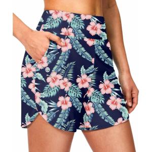 imageG GRADUAL Womens 5 Swim Board Shorts High Waisted Quick Dry Swimming Bathing Suit Bottoms for Women with Liner PocketsNavy Flower