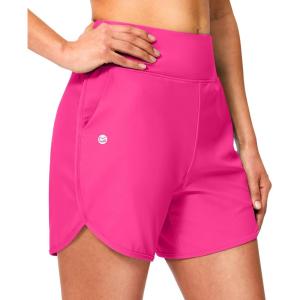 imageG GRADUAL Womens 5 Swim Board Shorts High Waisted Quick Dry Swimming Bathing Suit Bottoms for Women with Liner PocketsRosy