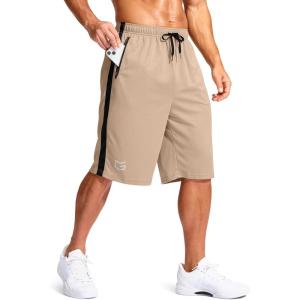 imageG Gradual Mens 11 Long Basketball Shorts with Zipper Pockets Drawstring Mesh Lightweight Gym Athletic Shorts for MenKhaki