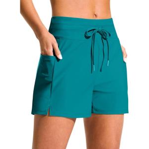 imageG Gradual Womens 4 High Waisted Swim Board Shorts with Pockets Quick Dry Swimming Swimsuit Bathing Suit Bottoms for WomenLake Blue