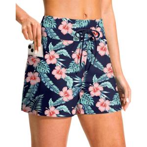 imageG Gradual Womens 4 High Waisted Swim Board Shorts with Pockets Quick Dry Swimming Swimsuit Bathing Suit Bottoms for WomenNavy Flower