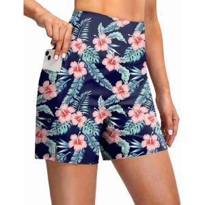 imageG Gradual Womens 5 High Waisted Swim Board Shorts with Phone Pockets UPF 50 Quick Dry Beach Shorts for Women with LinerNavy Blue Flower