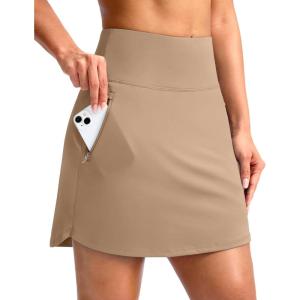 imageG Gradual 18 Golf Skirts for Women Zipper Pockets Knee Length Skort with Shorts Underneath High Waist Tennis PickleballLight Khaki