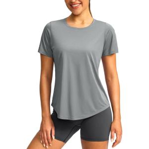 imageWomens Short Sleeve Workout Shirts UPF 50 Sun Protection TShirts Quick Dry Breathable Gym Running Hiking Tops for WomenHeather Light Grey
