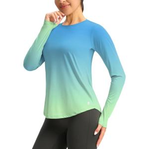 imageWomens UPF 50 Sun Shirt Long Sleeve UV Shirts Rash Guard Lightweight Quick Dry Workout Hiking Tops for WomenGreenYellow Gradient