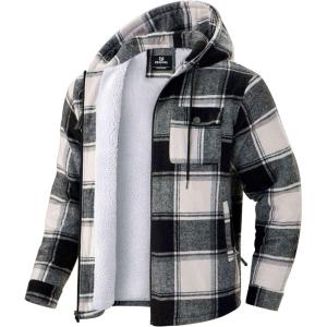imageG Gradual Mens Flannel Jacket Fleece Sherpa Lined Hoodies Zip Up Plaid Shirt Warm Winter Jackets for Men with Zipper PocketsBlack White
