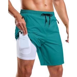 imageG Gradual Mens Swim Trunks with Compression Liner 7 Quick Dry Board Shorts Swimsuit Bathing Suit for Men with Zipper PocketsLake Green