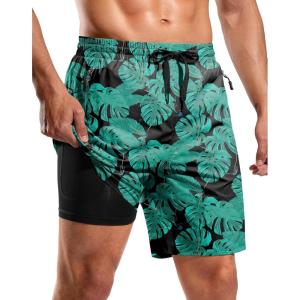 imageG Gradual Mens Swim Trunks with Compression Liner 7 Quick Dry Board Shorts Swimsuit Bathing Suit for Men with Zipper PocketsLeaf