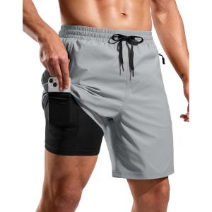 imageG Gradual Mens Swim Trunks with Compression Liner 7 Quick Dry Board Shorts Swimsuit Bathing Suit for Men with Zipper PocketsLight Grey