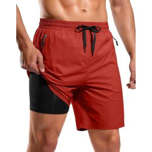 imageG Gradual Mens Swim Trunks with Compression Liner 7 Quick Dry Board Shorts Swimsuit Bathing Suit for Men with Zipper PocketsRed