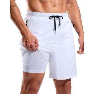 imageG Gradual Mens Swim Trunks with Compression Liner 7 Quick Dry Board Shorts Swimsuit Bathing Suit for Men with Zipper PocketsWhite