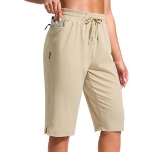 imageG Gradual Womens 13 Long Hiking Shorts with Zipper Pocket Lightweight Quick Dry Knee Length Bermuda Shorts for WomenLight Khaki