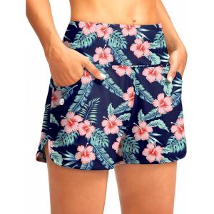 imageG Gradual Womens 3 High Waisted Swim Board Shorts with Pockets Quick Dry Swimsuit Bottoms Bathing Suit for Women with LinerNavy Flower