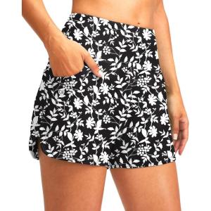 imageG Gradual Womens 3 High Waisted Swim Board Shorts with Pockets Quick Dry Swimsuit Bottoms Bathing Suit for Women with LinerWhite Flower