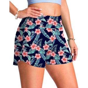 imageG Gradual Womens 4 Swim Board Shorts High Waisted Tummy Control Swimsuit Bathing Suit Bottoms for Women with Liner PocketNavy Blue Flower