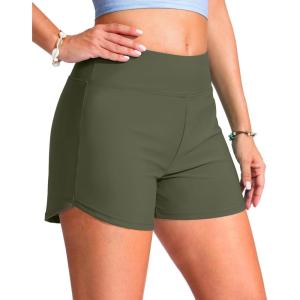 imageG Gradual Womens 4 Swim Board Shorts High Waisted Tummy Control Swimsuit Bathing Suit Bottoms for Women with Liner PocketOlive