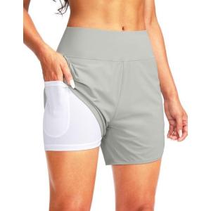 imageG Gradual Womens 5 High Waisted Swim Board Shorts Quick Dry UPF 50 Swimming Beach Shorts for Women with Liner PocketsBright Grey