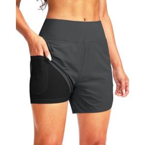 imageG Gradual Womens 5 High Waisted Swim Board Shorts Quick Dry UPF 50 Swimming Beach Shorts for Women with Liner PocketsDark Grey