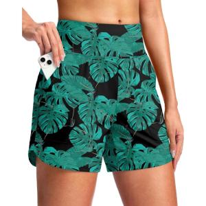 imageG Gradual Womens 5 Swim Board Shorts Quick Dry High Waisted Beach Shorts for Women Swimsuit Bottoms with Liner PocketsLeaf